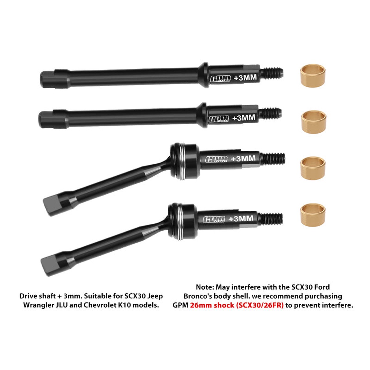 GPM RACING,AXIAL-SCX30 4140 CARBON STEEL FRONT & REAR DRIVE AXLES SCX30/20+3MM