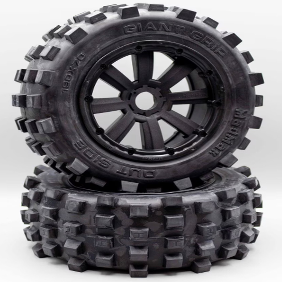 MadMax Complete Assembled Giant Grip (MXT) Tire/Wheel set for HPI Baja 5T/5SC, Losi 5ive/DBXL, Kraken Vekta.5 – Black Beadlocks