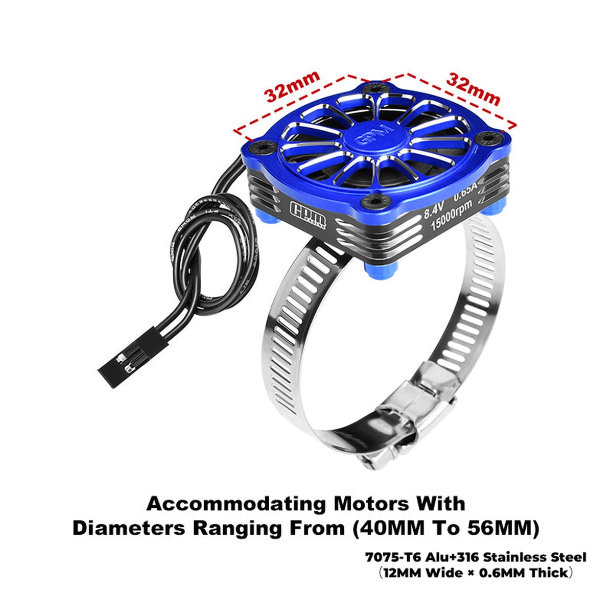 GPM RACING,ACCESSORIES 7075-T6 ALLOY+316 STAINLESS STEEL 40X40MM COOLING FAN AJUSTABLE FOR 40-56 SERIES MOTOR GPM3357FAN