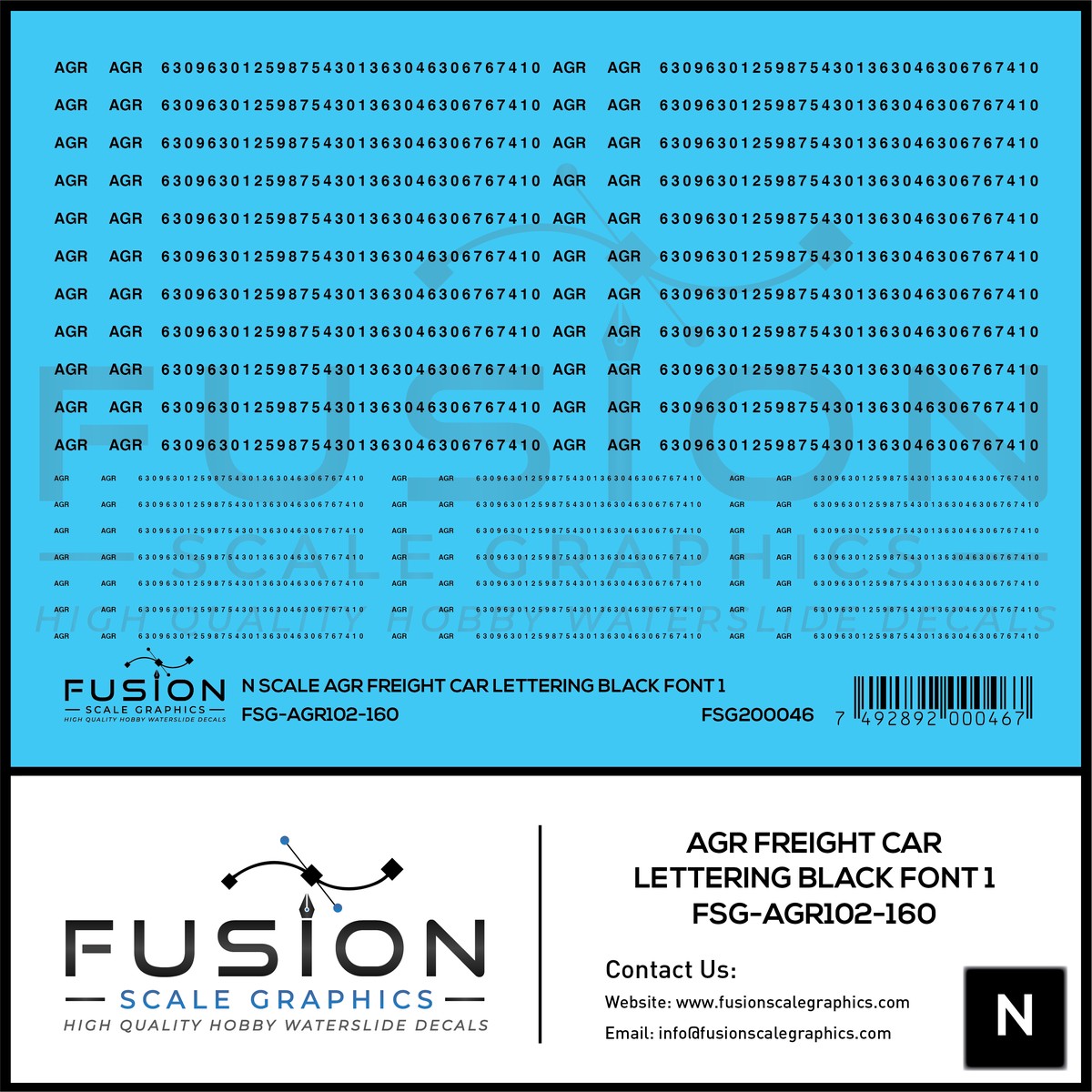 N Scale AGR Freight Car Lettering Black Font 1 Decal Set