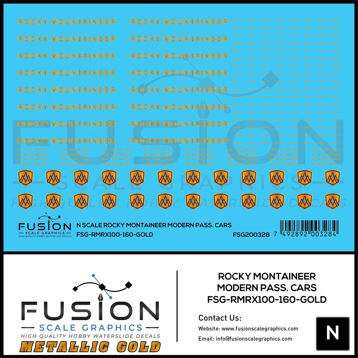 N Scale Metallic Gold Rocky Mountaineer Passenger Cars Decal Set