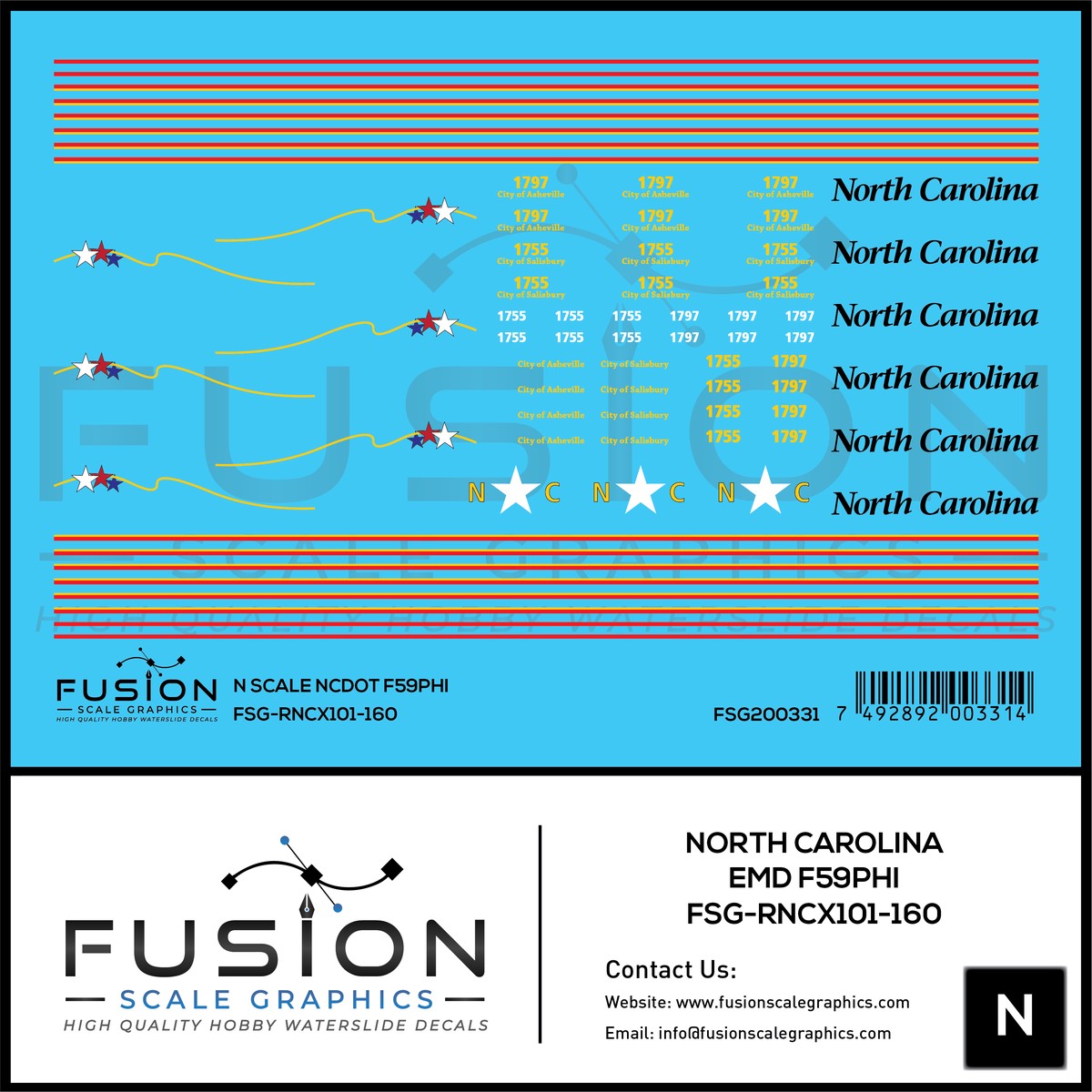 N Scale North Carolina DOT EMD F59PHI Locomotive Decal Set
