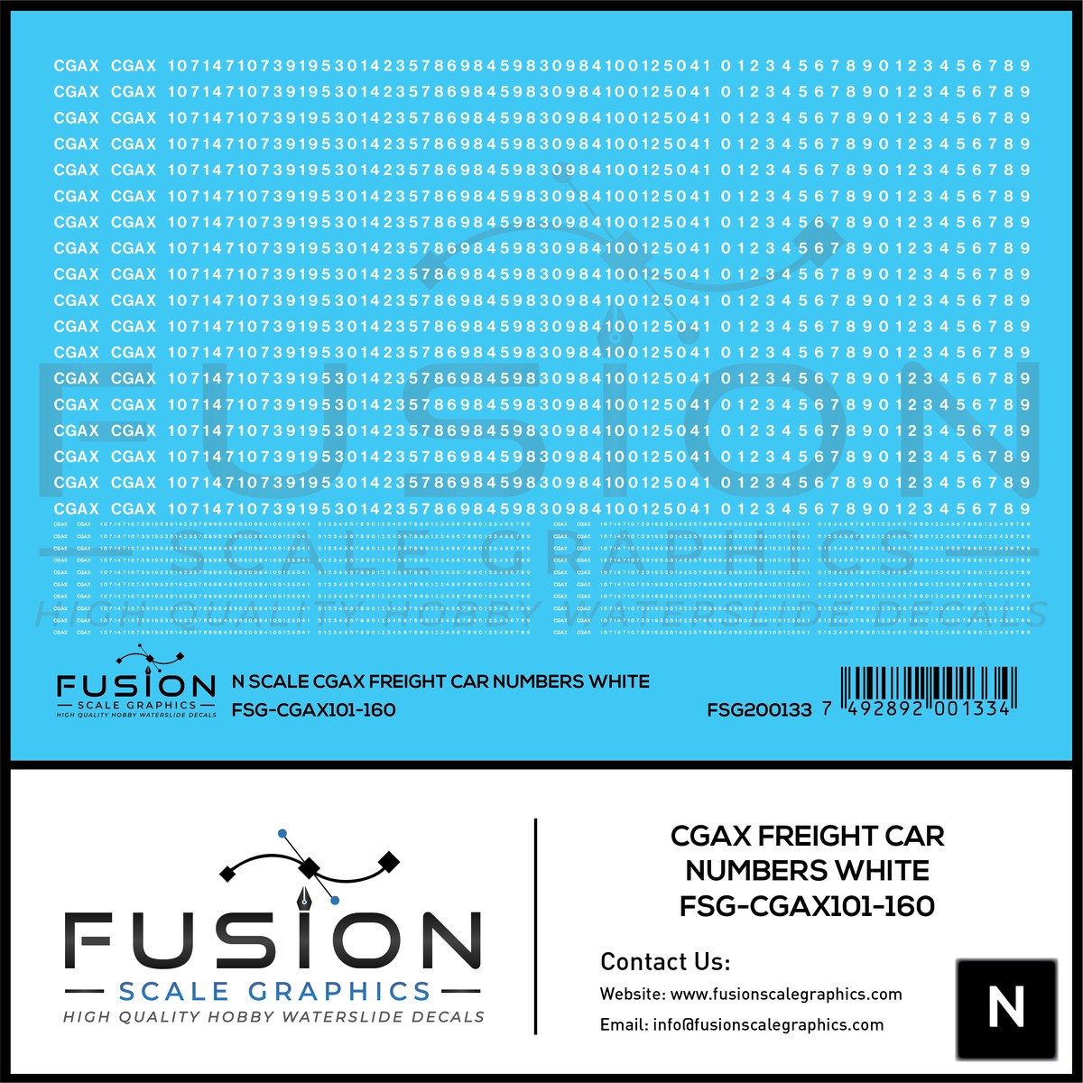 N Scale White CGAX Freight Car Numbering Decal Set