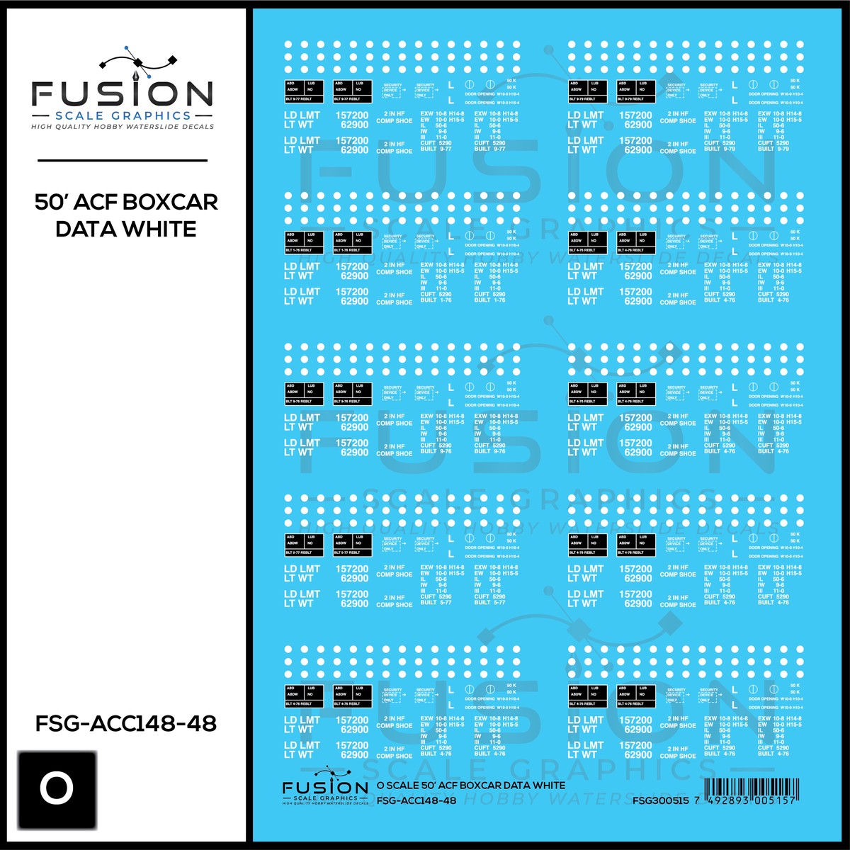 O Scale 50′ ACF Boxcar Data Sheet White Decal Set