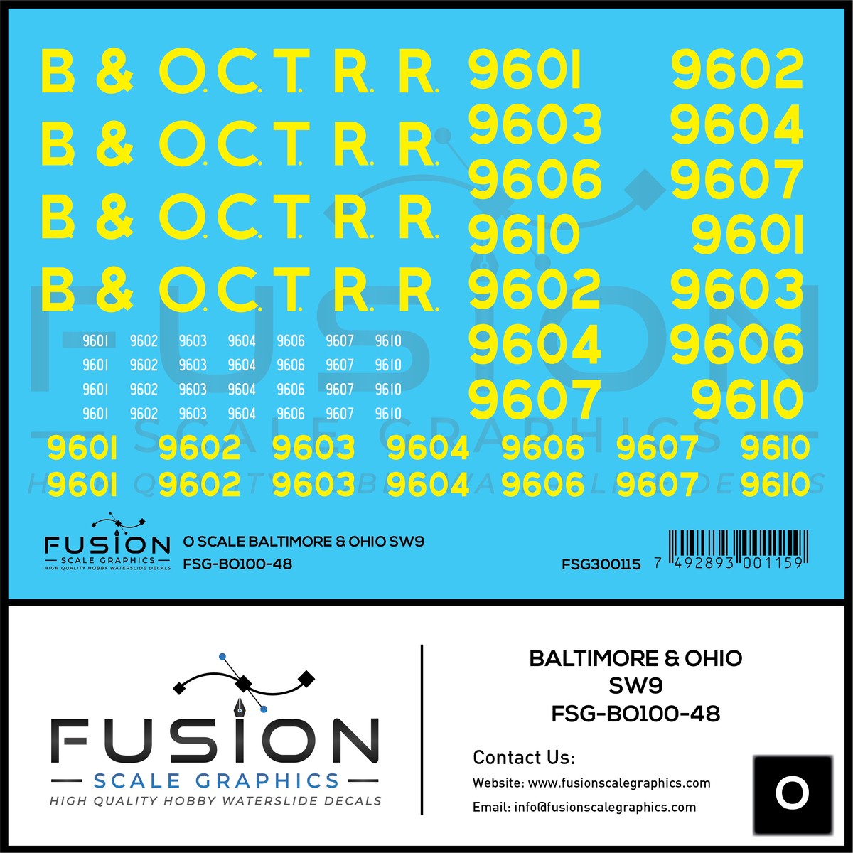 O Scale Baltimore & Ohio EMD SW9 Locomotive Decal Set