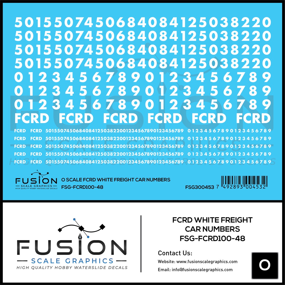 O Scale First Coast FCRD White Freight Car Numbers Decal Set
