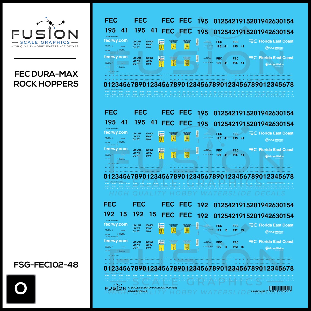O Scale Florida East Coast Dura-Max Rock Hopper Cars Decal Set