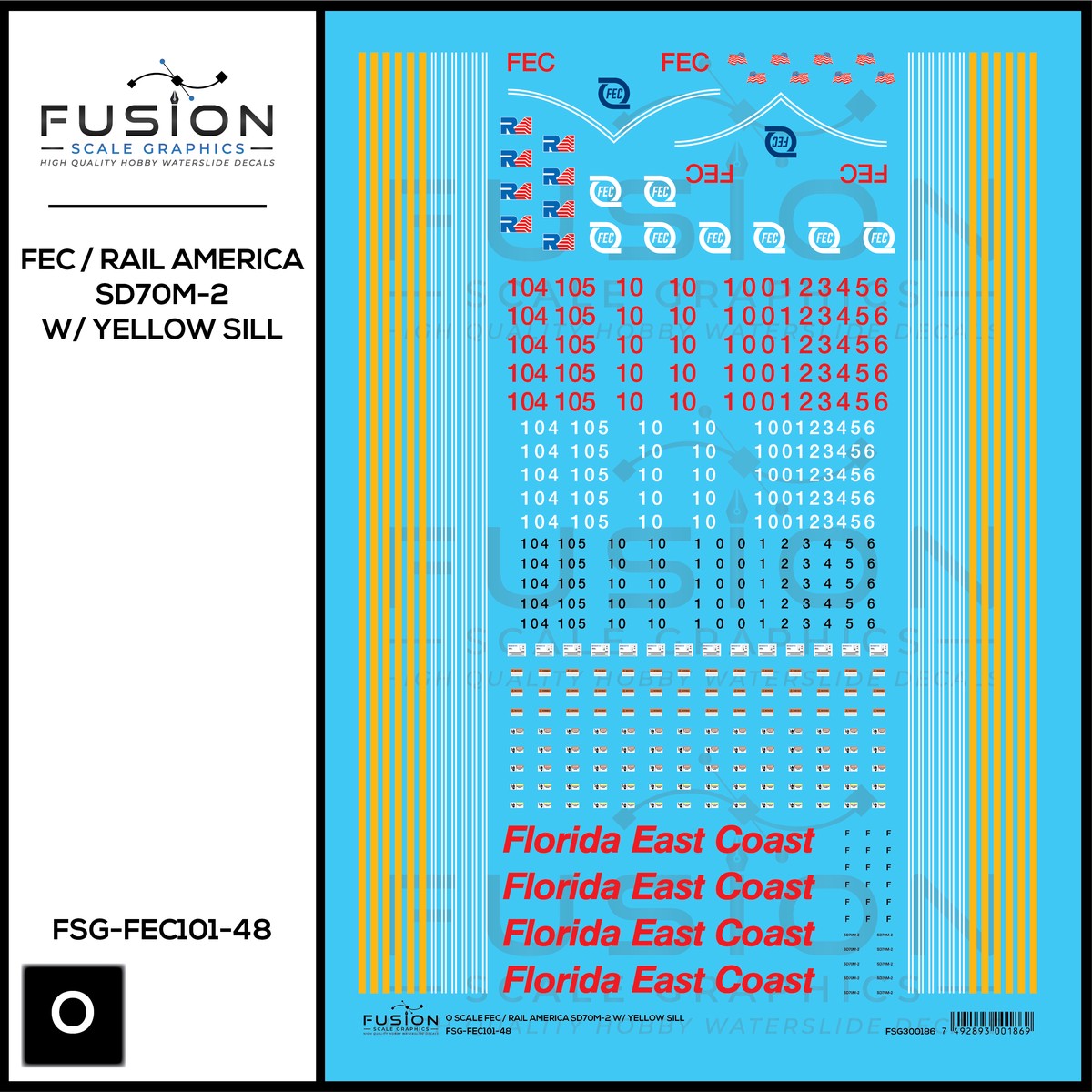 O Scale Florida East Coast/Rail America EMD SD70M-2 W/ Yellow Sill Locomotive Decal Set
