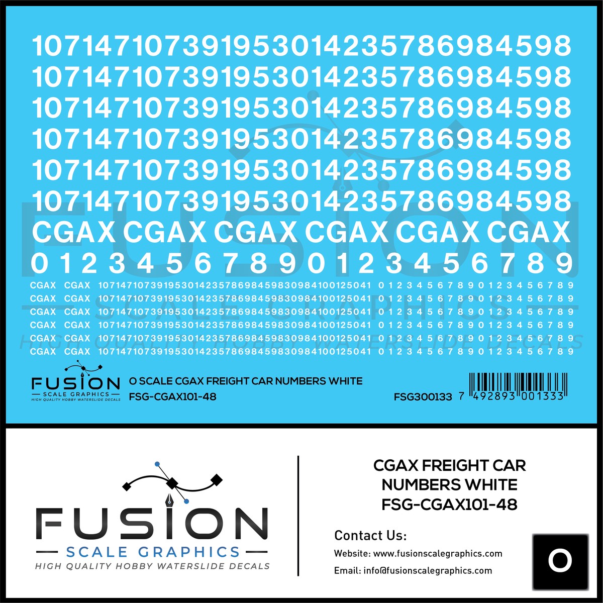 O Scale White CGAX Freight Car Numbering Decal Set