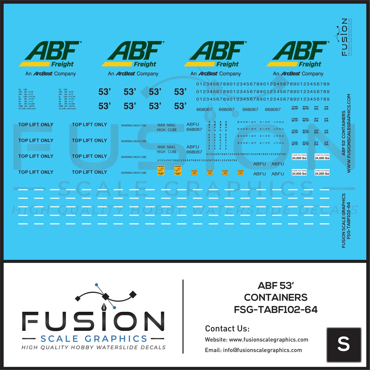 S Scale 1:64 ABF Freight Modern 53′ Containers Decal Set