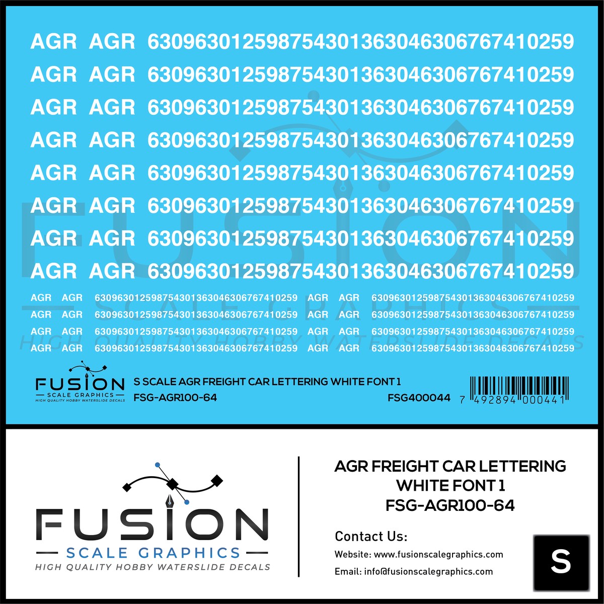 S Scale AGR Freight Car Lettering White Font 1 Decal Set