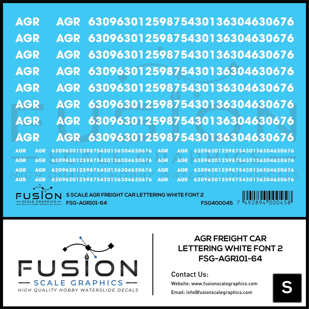 S Scale AGR Freight Car Lettering White Font 2 Decal Set