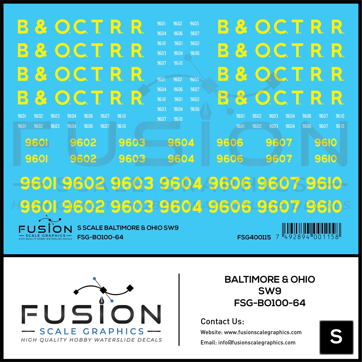 S Scale Baltimore & Ohio EMD SW9 Locomotive Decal Set