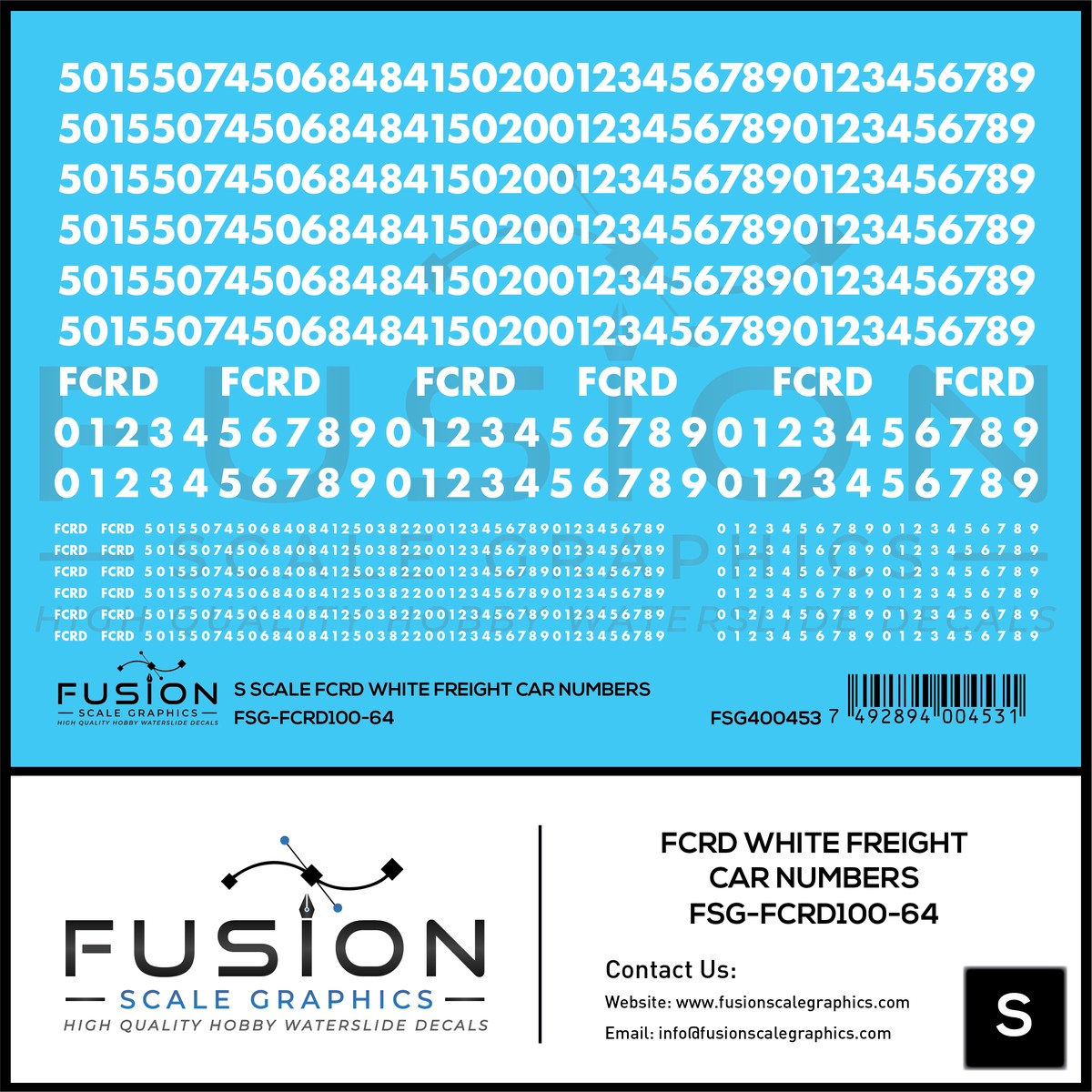 S Scale First Coast FCRD White Freight Car Numbers Decal Set
