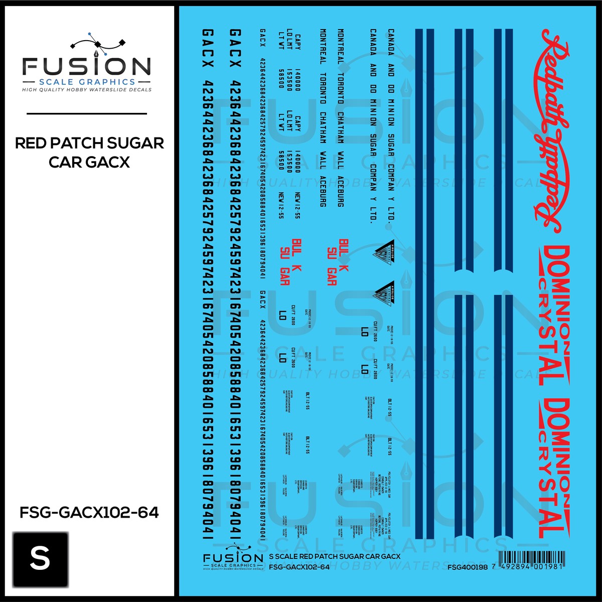 S Scale Redpath GACX Sugar Car Decal Set