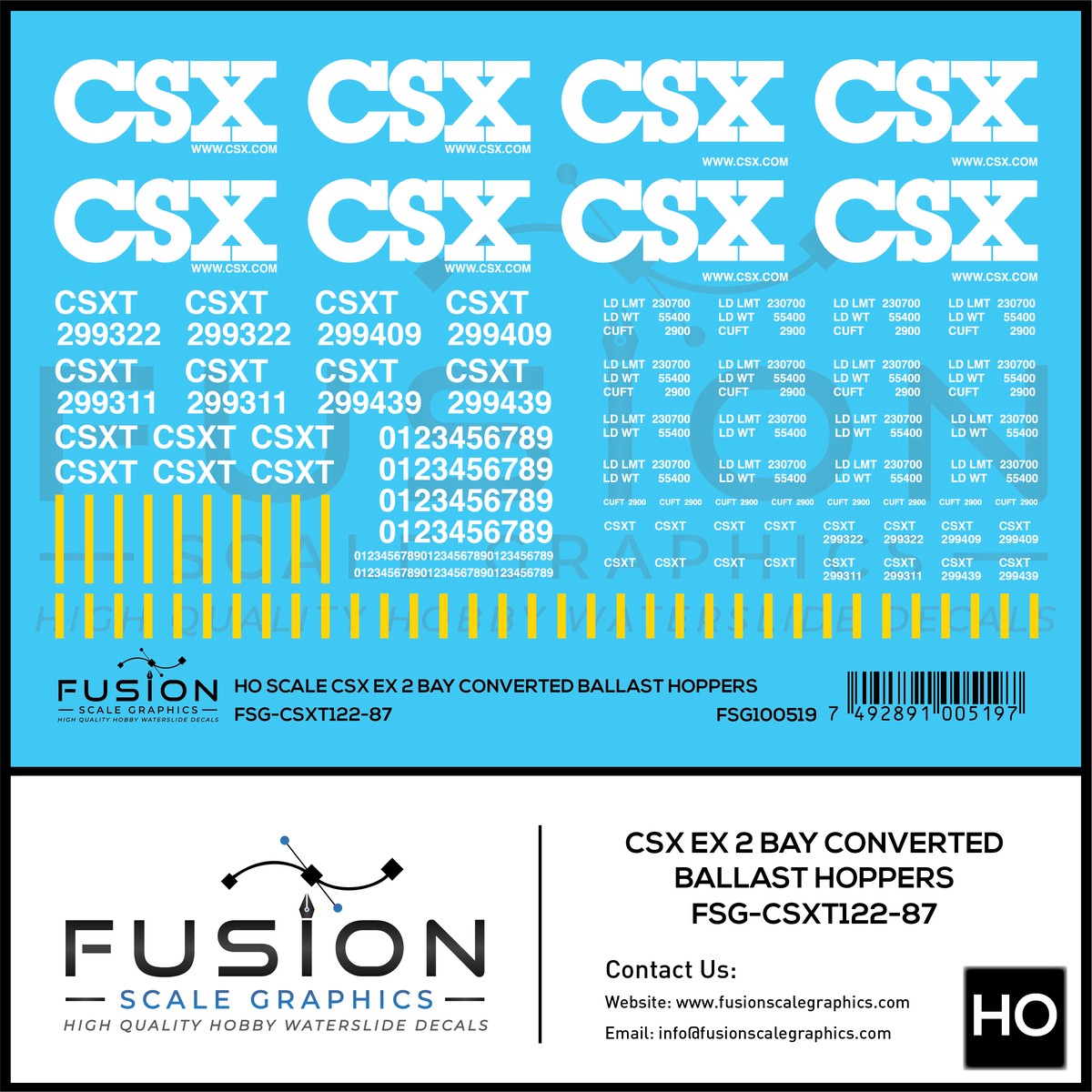 HO Scale CSXT / CSX Converted Ex 2 Bay Ballast Hoppers Decal Set