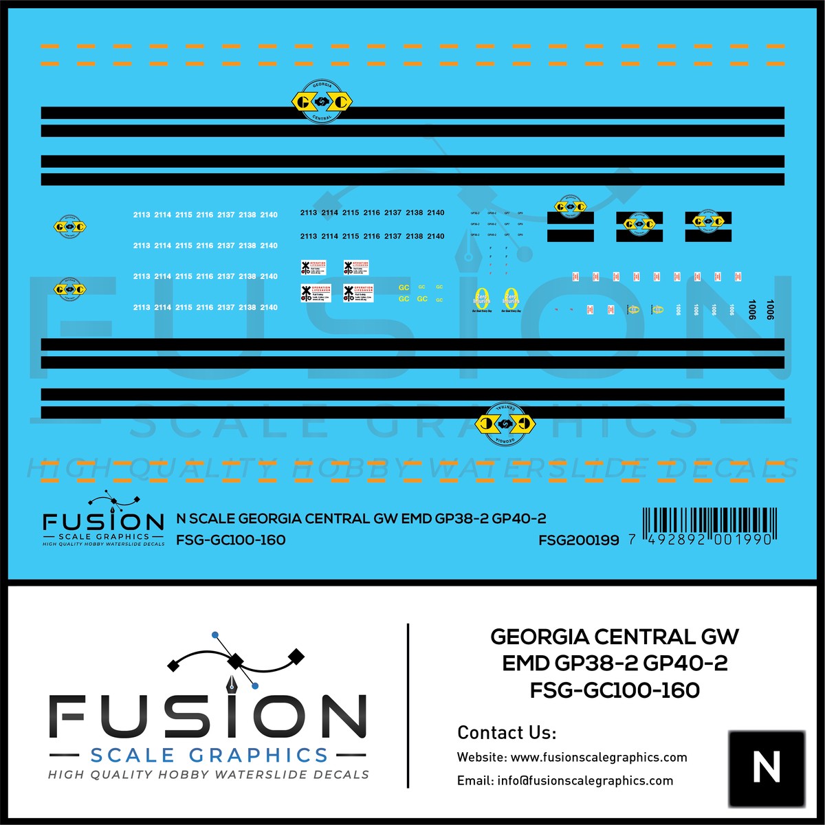 N Scale Georgia Central GW EMD GP38-2 & GP40-2 Locomotives Decal Set