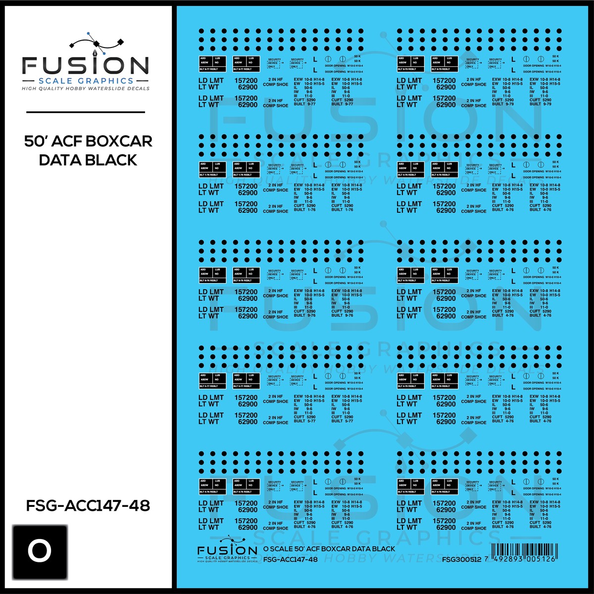 O Scale 50′ ACF Boxcar Data Sheet Black Decal Set