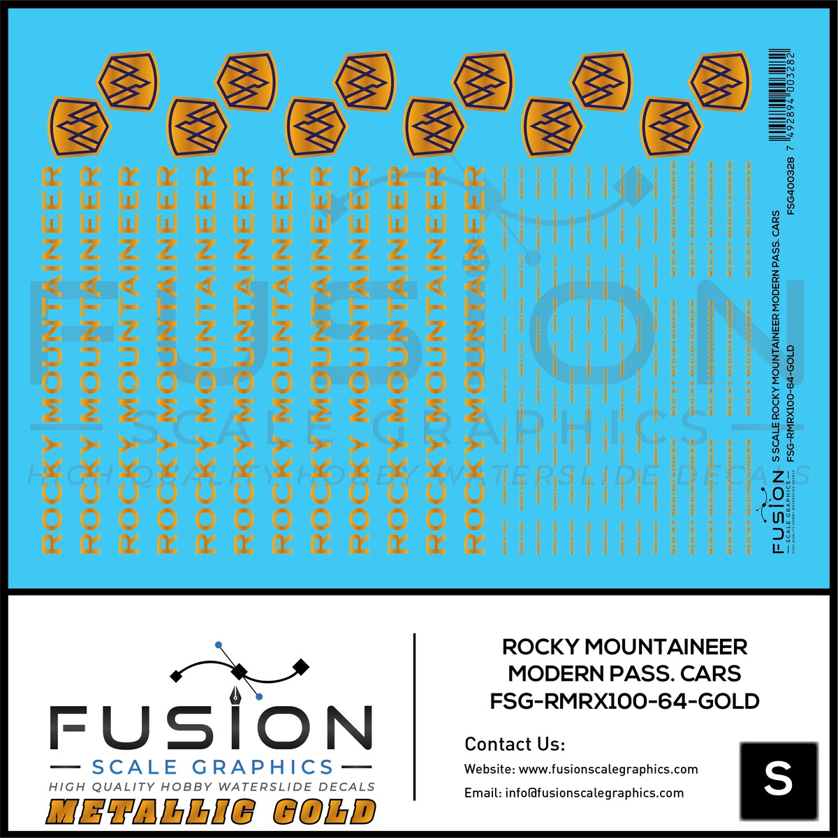 S Scale Metallic Gold Rocky Mountaineer Modern Passenger Cars Decal Set
