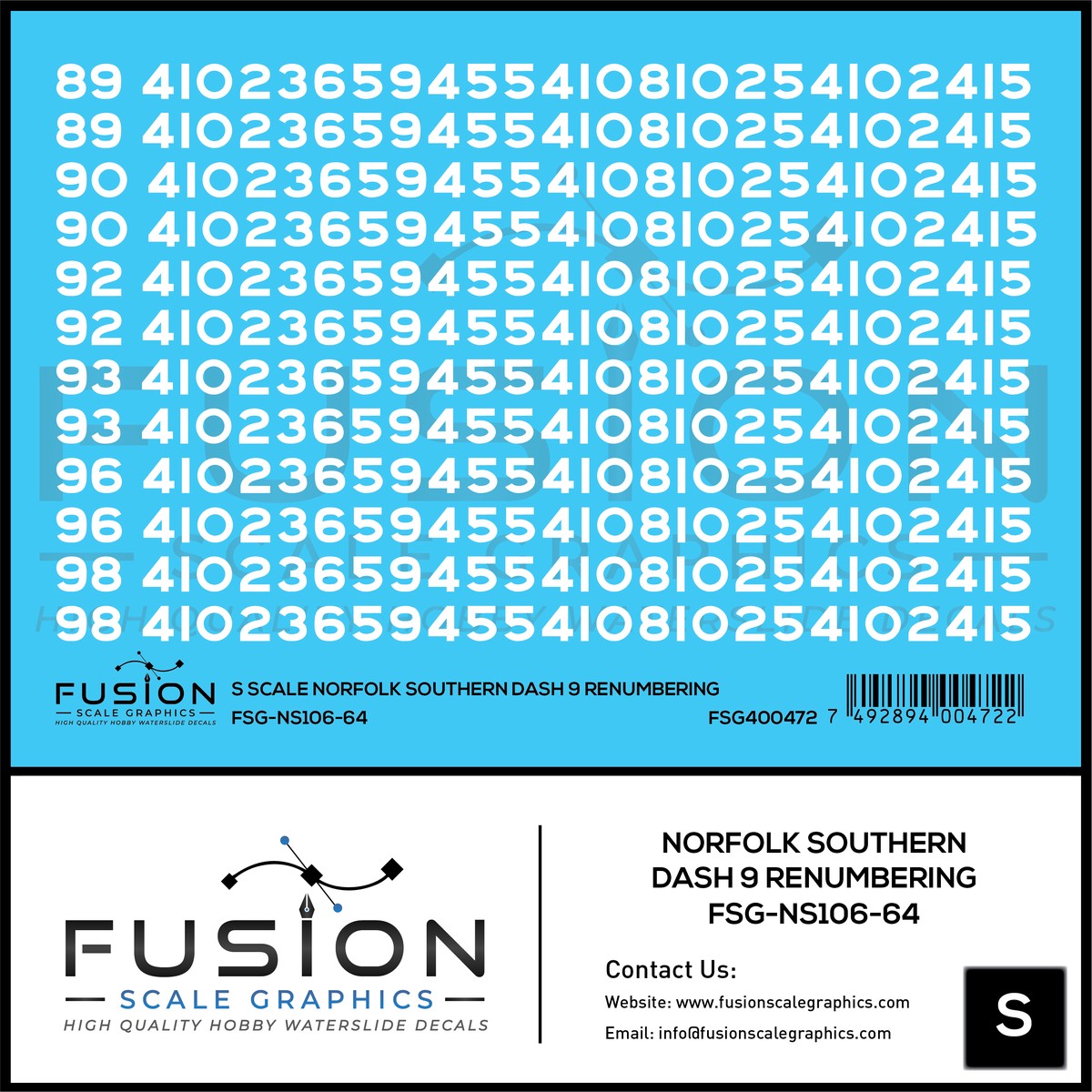 S Scale Norfolk Southern GE Dash 9 Locomotive Renumbering Decal Set