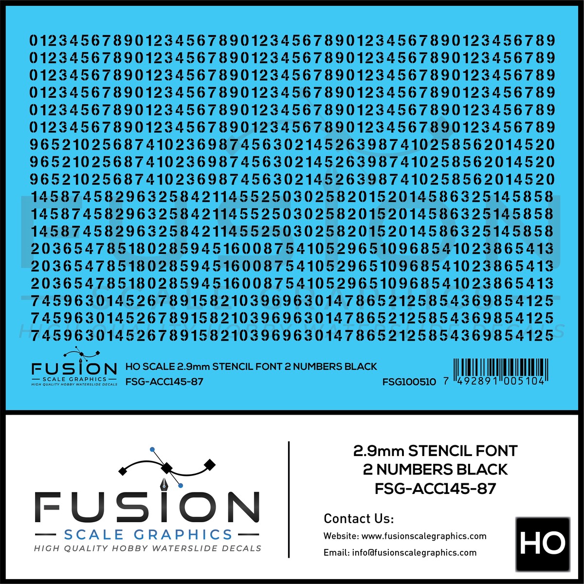 HO Scale 2.9mm Black Stencil Numbers Font 2 Decal Set