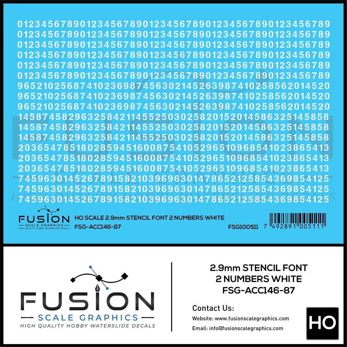 HO Scale 2.9mm White Stencil Numbers Font 2 Decal Set