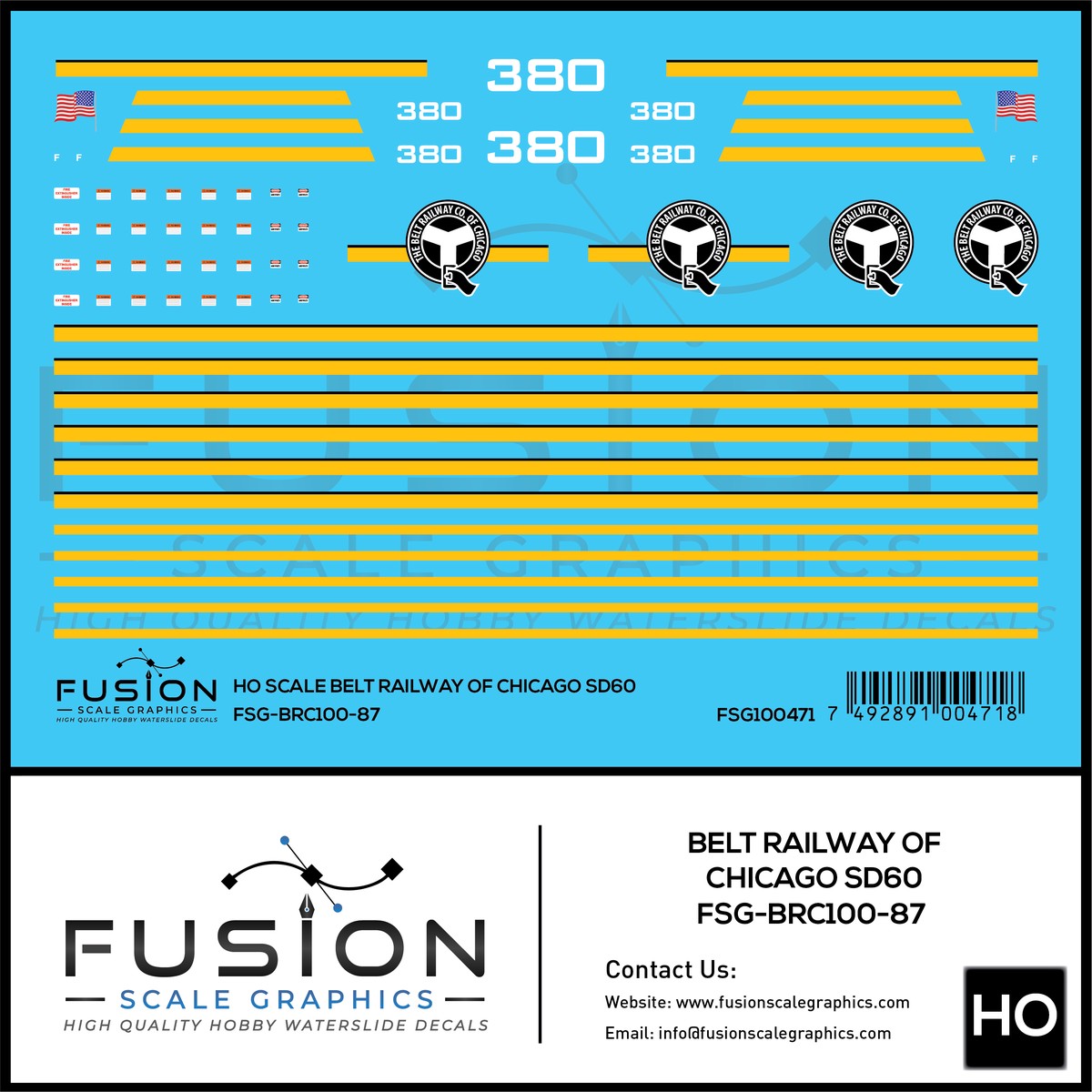 HO Scale Belt Railway of Chicago SD60 380 Locomotive Decal Set