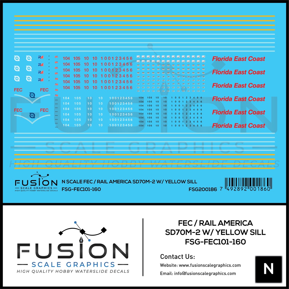 N Scale Florida East Coast/Rail America EMD SD70M-2 W/ Yellow Sill Locomotive Decal Set