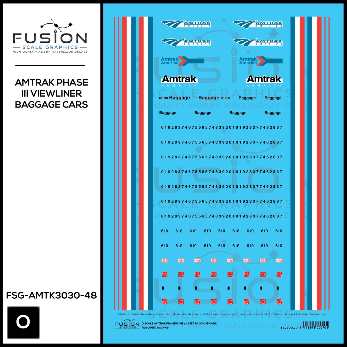 O Scale Amtrak Phase III Viewliner Baggage Cars Decal Set