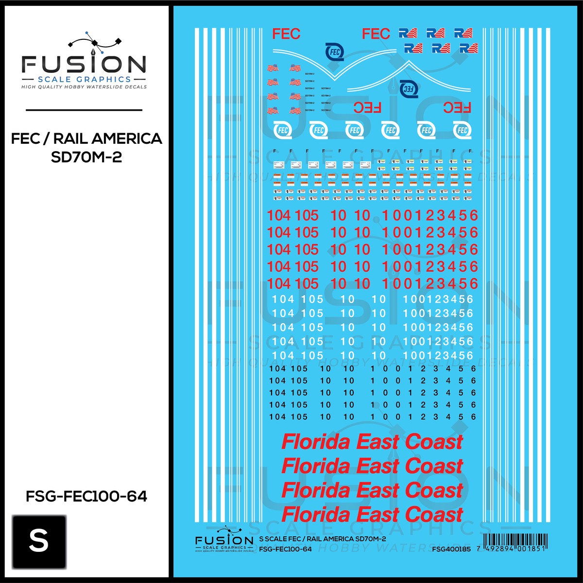 S Scale Florida East Coast/Rail America EMD SD70M-2 Locomotive Decal Set