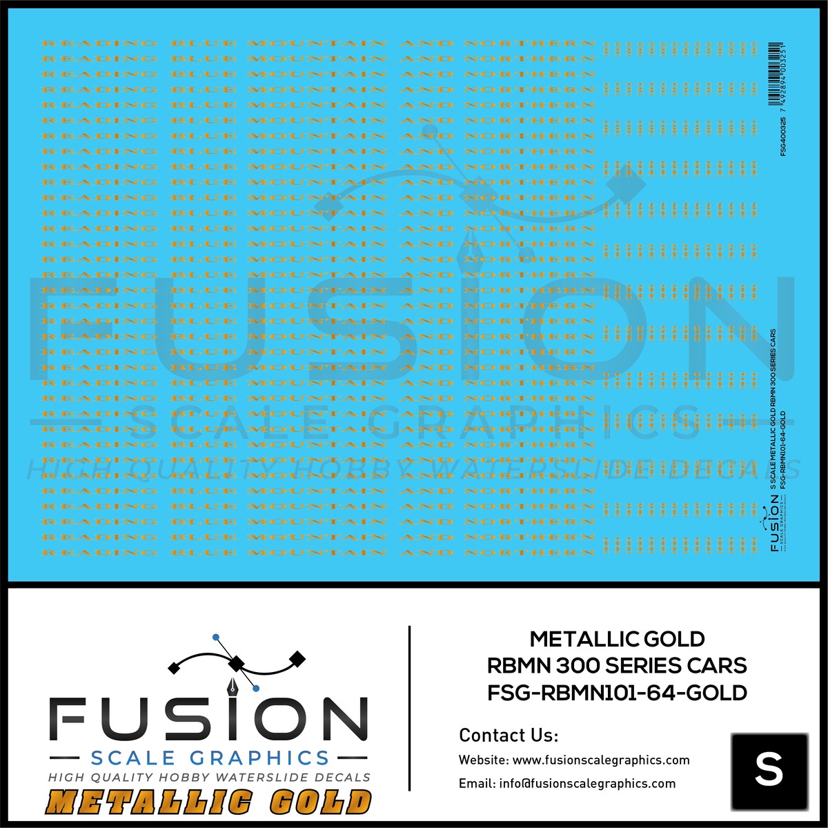 S Scale Metallic Gold Reading Blue Mountain & Northern 300 Series Passenger Cars Decal Set