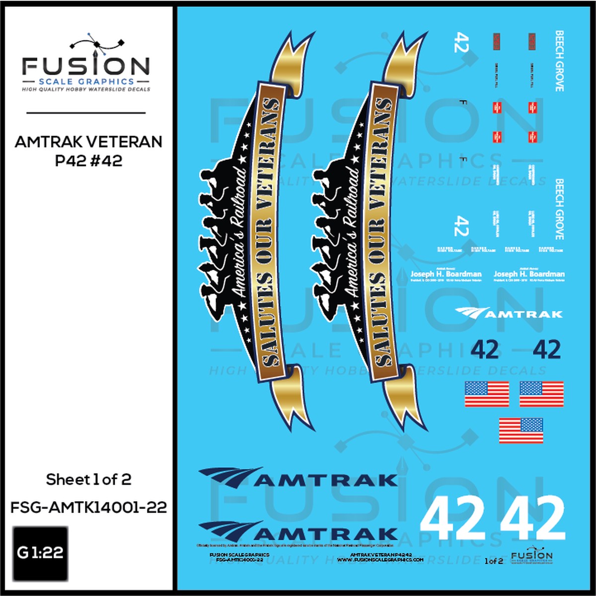 G Scale 1:22 Amtrak GE P42 Veterans 42 Decal Set