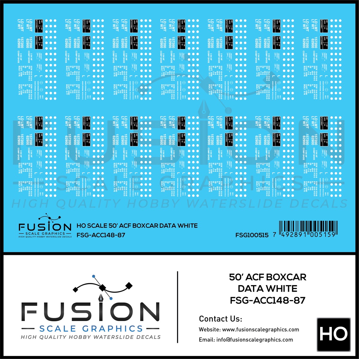 HO Scale 50′ ACF Boxcar Data Sheet White Decal Set