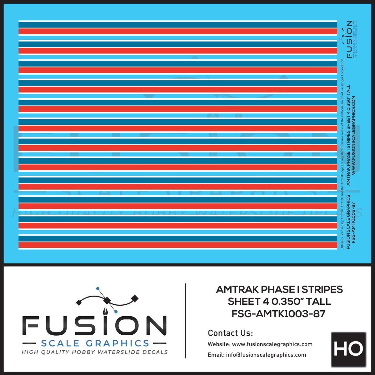 HO Scale Amtrak Phase I Stripes Sheet 4 0.350″ Tall Decal Set