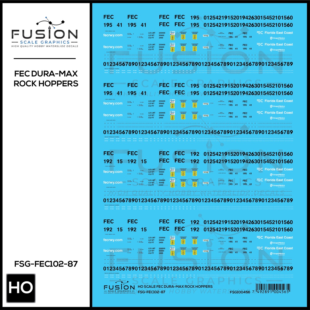 HO Scale Florida East Coast Dura-Max Rock Hopper Cars Decal Set