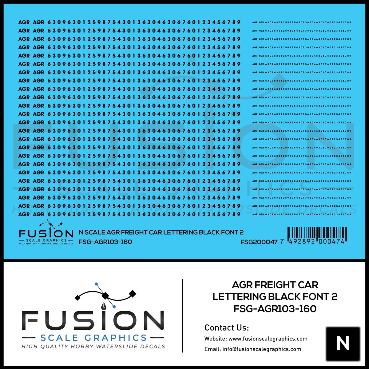 N Scale AGR Black Freight Car Lettering Decal Set Font 2