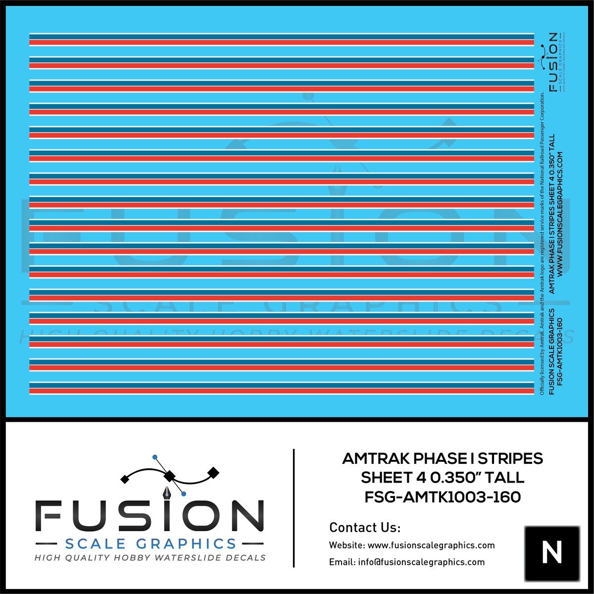 N Scale Amtrak Phase I Stripes Sheet 4 0.350″ Tall Decal Set