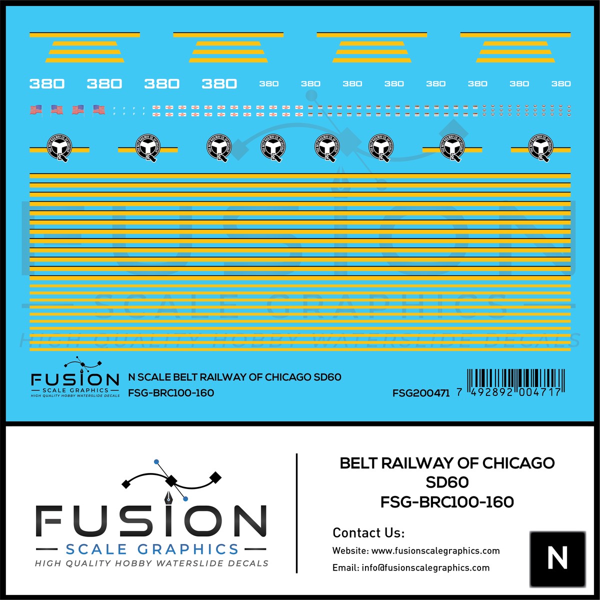 N Scale Belt Railway of Chicago SD60 380 Locomotive Decal Set
