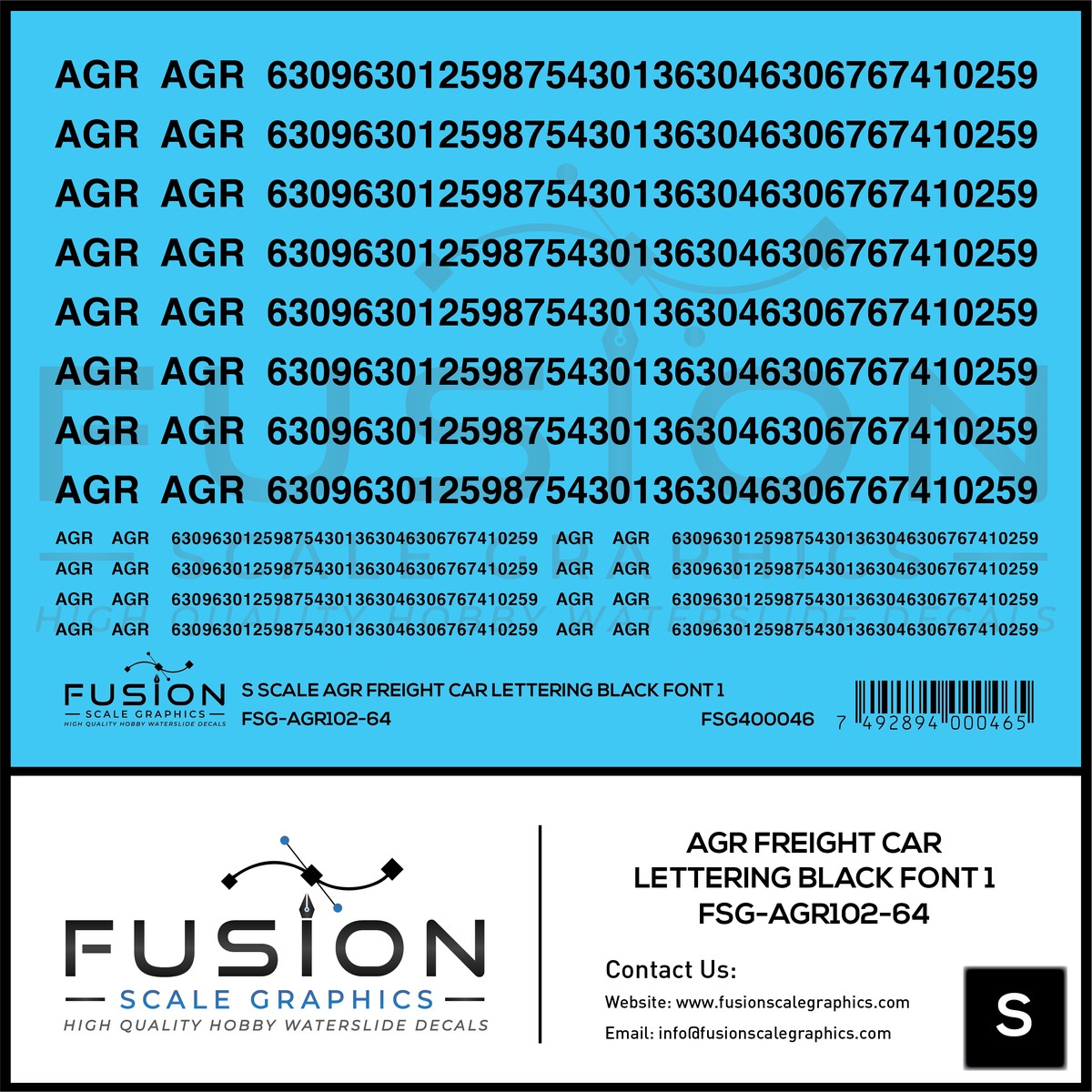 S Scale AGR Freight Car Lettering Black Font 1 Decal Set
