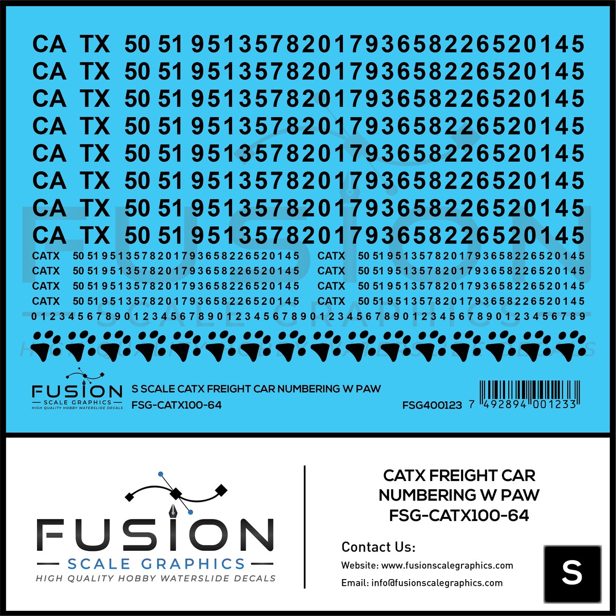 S Scale CATX Freight Car Numbering Decal Set with Paw Print