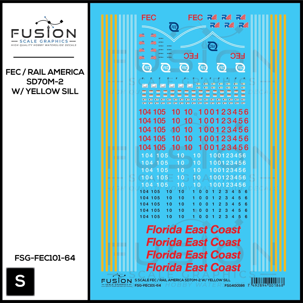 S Scale Florida East Coast/Rail America EMD SD70M-2 W/ Yellow Sill Locomotive Decal Set