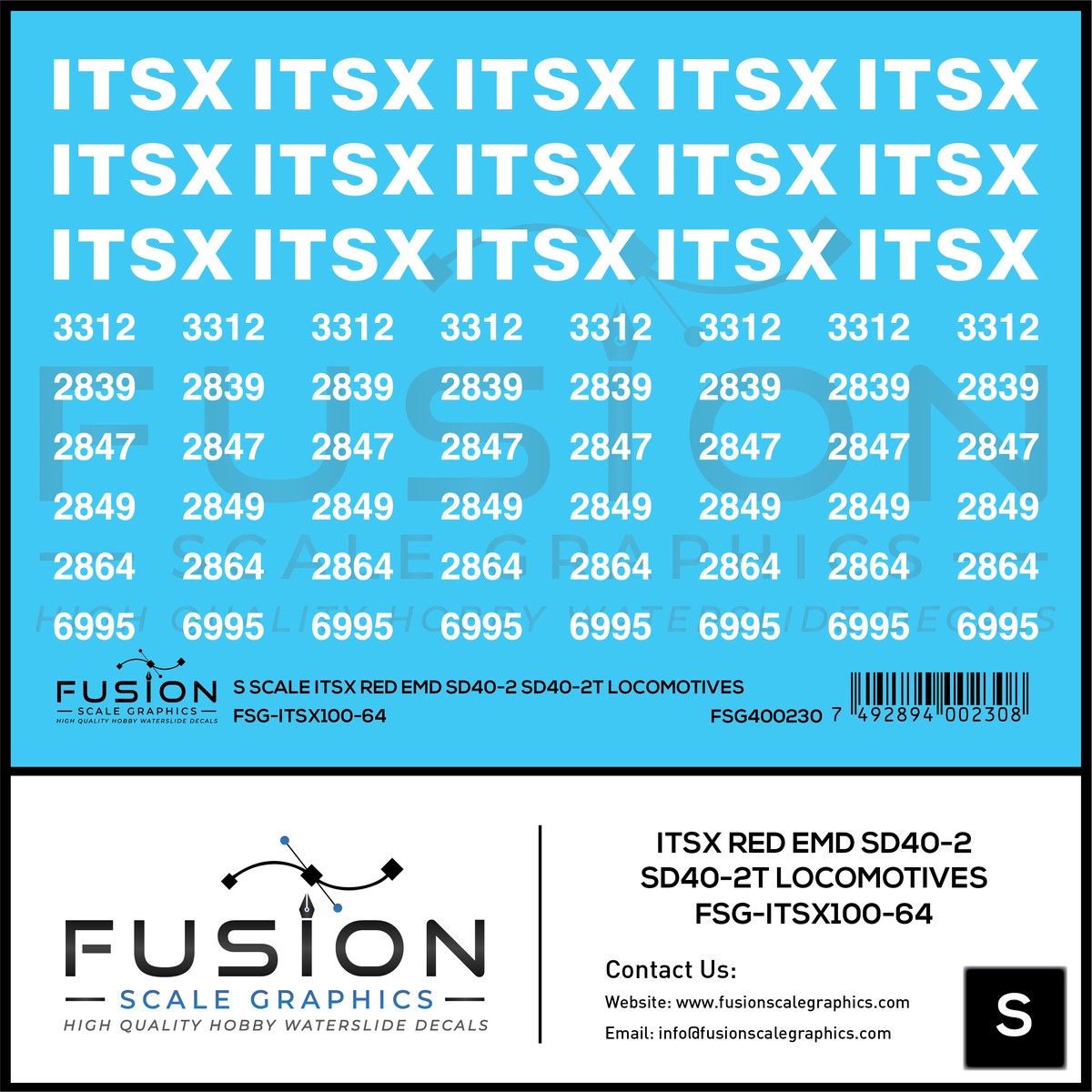 S Scale ITSX Red EMD SD40-2 / SD40-2T Locomotives Decal Set