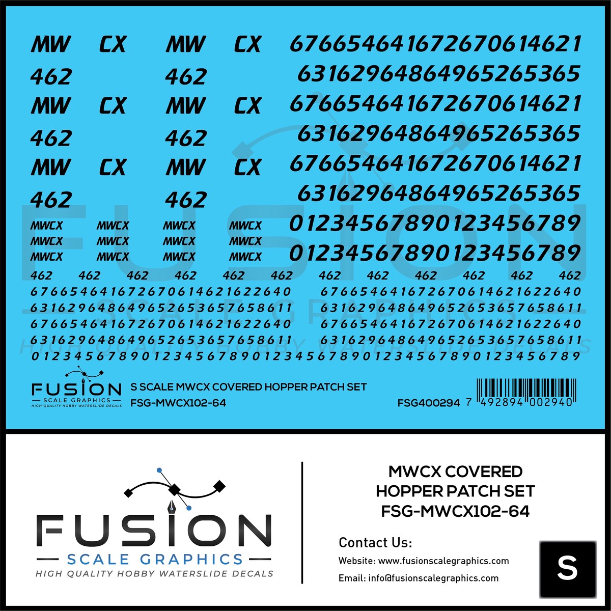 S Scale MWCX Covered Hopper Patch Set Decal Set