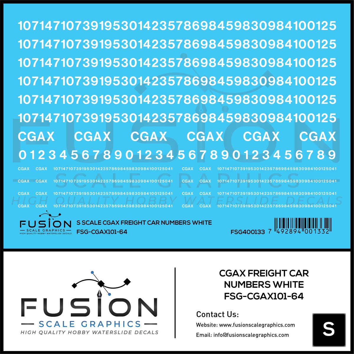 S Scale White CGAX Freight Car Numbering Decal Set