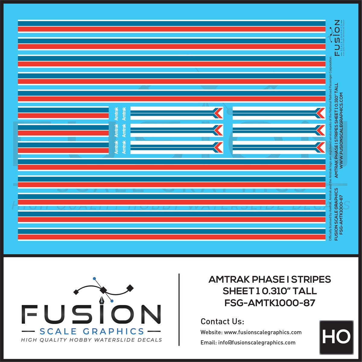 HO Scale Amtrak Phase I Stripes Sheet 1 0.310″ Tall Decal Set