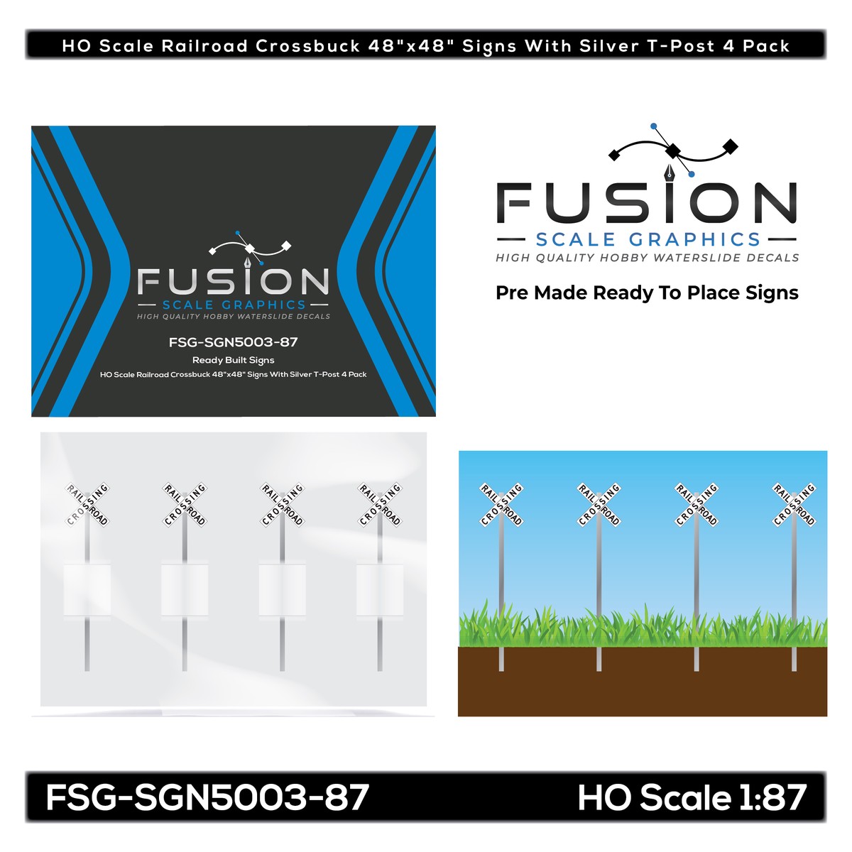 HO Scale Railroad Crossbuck 48″x48″ Signs With Silver T-Post 4 Pack