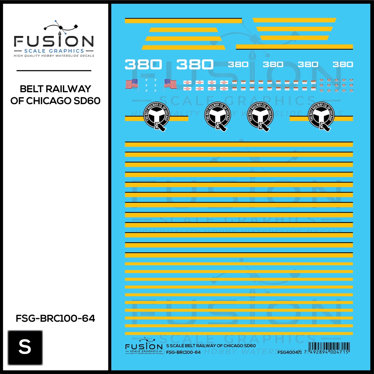 S Scale Belt Railway of Chicago SD60 380 Locomotive Decal Set