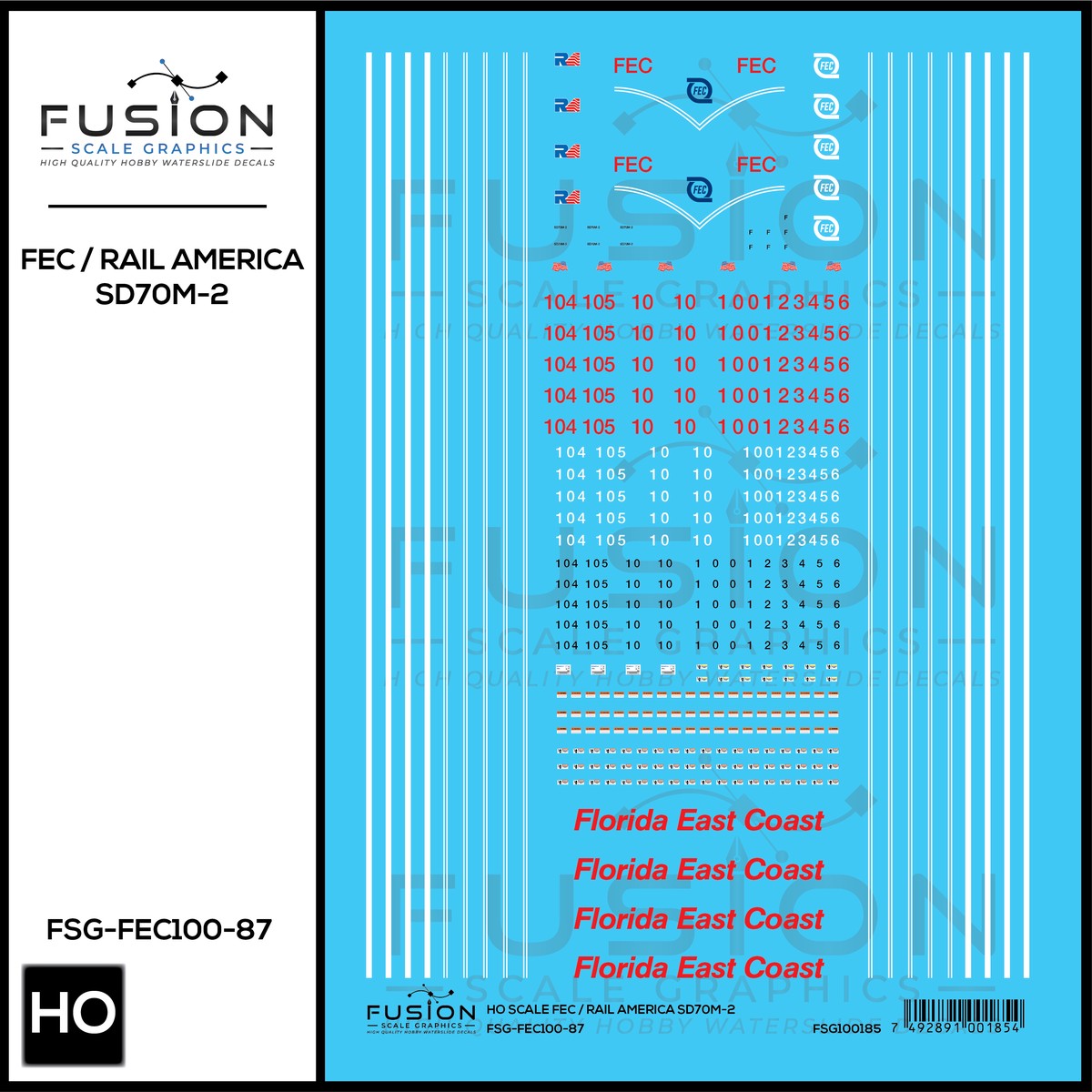 HO Scale Florida East Coast/Rail America EMD SD70M-2 Locomotive Decal Set