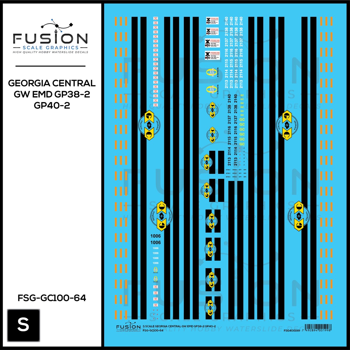 S Scale Georgia Central GW EMD GP38-2 & GP40-2 Locomotives Decal Set