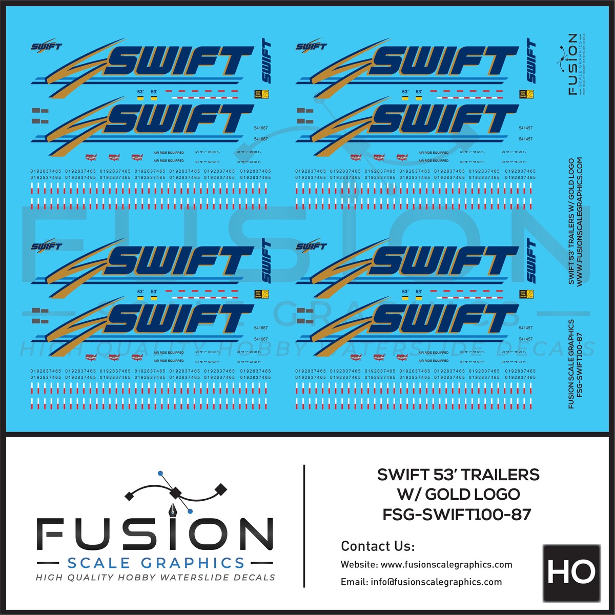 HO Scale Swift 53′ Truck Trailers W/ Gold Logo Decal Set